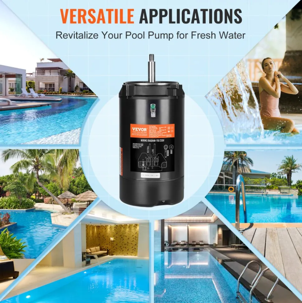 VEVOR 1 HP Pool Pump Motor, 56J Frame, 115V(9.8 Amps)/230V(4.9 Amps) 3450 RPM, 60Hz, 1.4 Service Factor, 90μF/250V Capacitor, CCW Rotation Round Flange Replacement Motor