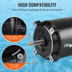 VEVOR 1 HP Pool Pump Motor, 56J Frame, 115V(9.8 Amps)/230V(4.9 Amps) 3450 RPM, 60Hz, 1.4 Service Factor, 90μF/250V Capacitor, CCW Rotation Round Flange Replacement Motor