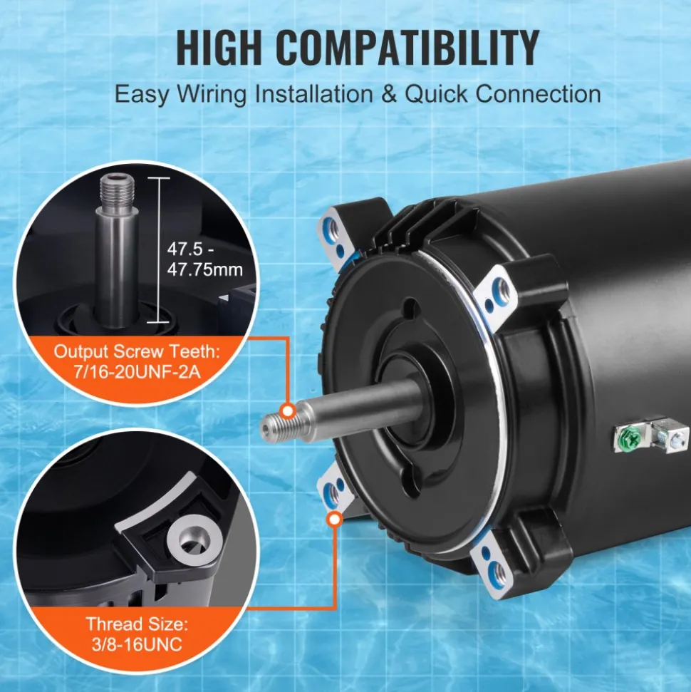 VEVOR 1 HP Pool Pump Motor, 56J Frame, 115V(9.8 Amps)/230V(4.9 Amps) 3450 RPM, 60Hz, 1.4 Service Factor, 90μF/250V Capacitor, CCW Rotation Round Flange Replacement Motor