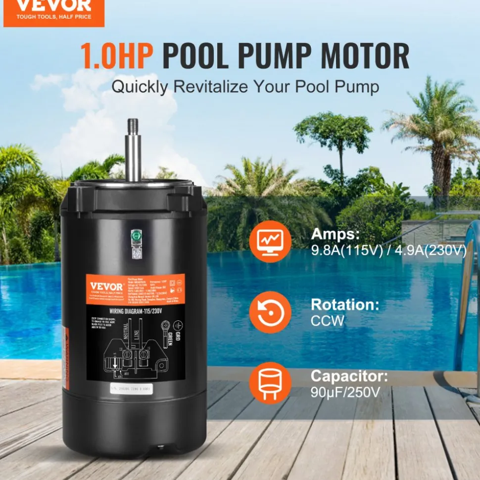 VEVOR 1 HP Pool Pump Motor, 56J Frame, 115V(9.8 Amps)/230V(4.9 Amps) 3450 RPM, 60Hz, 1.4 Service Factor, 90μF/250V Capacitor, CCW Rotation Round Flange Replacement Motor