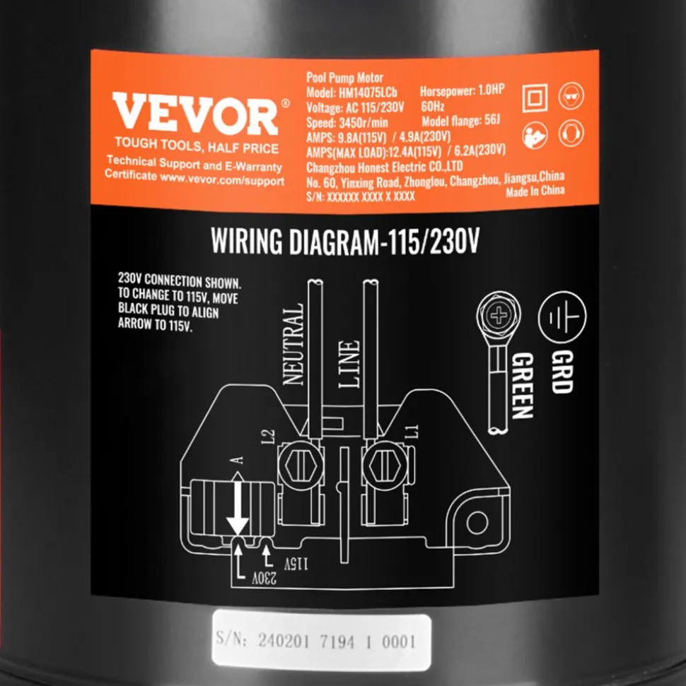 VEVOR 1 HP Pool Pump Motor, 56J Frame, 115V(9.8 Amps)/230V(4.9 Amps) 3450 RPM, 60Hz, 1.4 Service Factor, 90μF/250V Capacitor, CCW Rotation Round Flange Replacement Motor