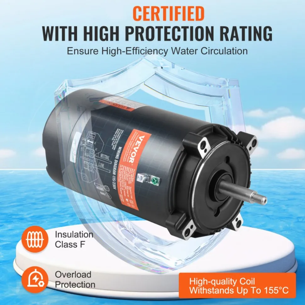 VEVOR 1 HP Pool Pump Motor, 56J Frame, 115V(9.8 Amps)/230V(4.9 Amps) 3450 RPM, 60Hz, 1.4 Service Factor, 90μF/250V Capacitor, CCW Rotation Round Flange Replacement Motor