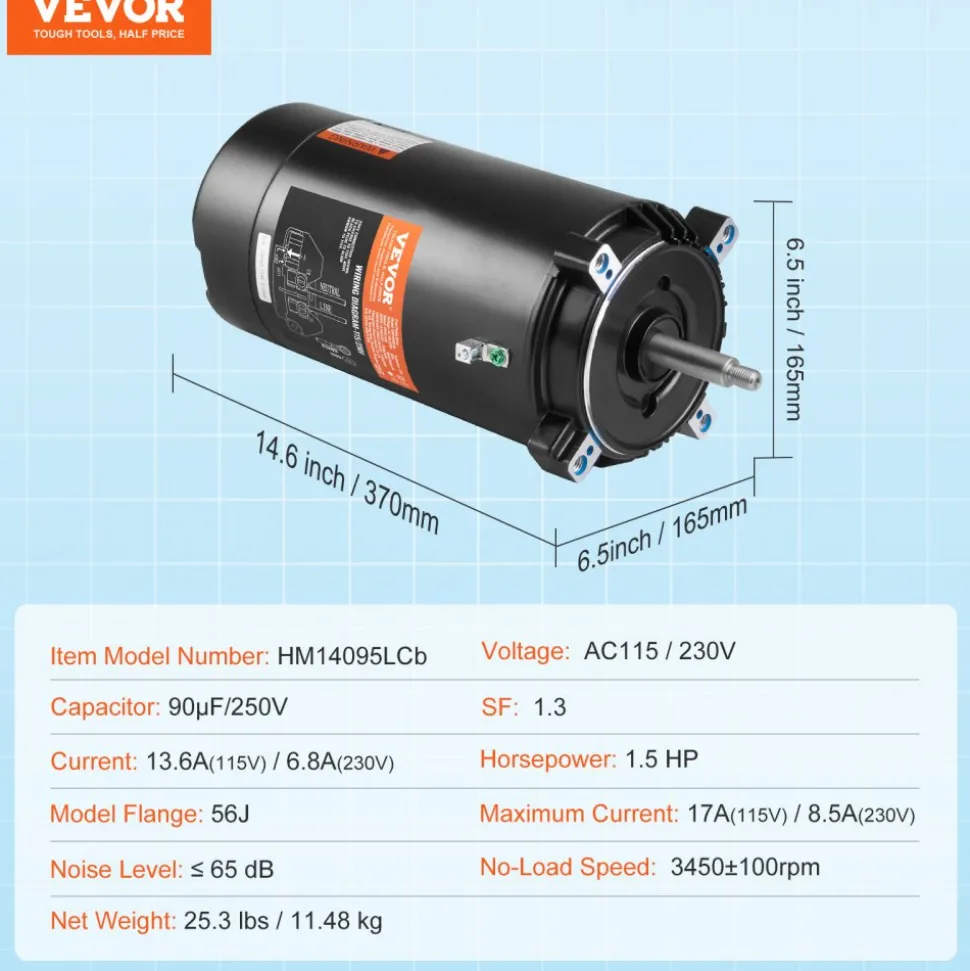 VEVOR 1.5 HP Pool Pump Motor, 56J Frame, 115V(13.6 Amps)/230V(6.8 Amps) 3450 RPM, 60Hz, 1.3 Service Factor, 90μF/250V Capacitor, CCW Rotation Round Flange Replacement Motor