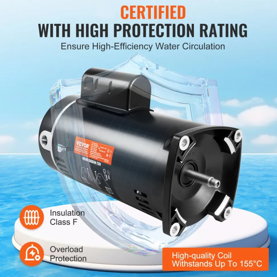 VEVOR 2 HP Pool Pump Motor, 56Y Frame, 230V (7.8 Amps) 3450 RPM, 60Hz, 1.3 Service Factor, 50μF/250V Capacitor, CCW Rotation Square Flange Replacement Motor