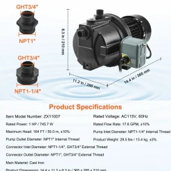 VEVOR 1HP Premium Cast Iron Shallow Well Jet Water Pump, 115 Volt, 17.6 GPM 164 FT Maximum Head Irrigation Water Pump, for Agricultural Garden Irrigation System High-Rise Water Supply Shower Booster