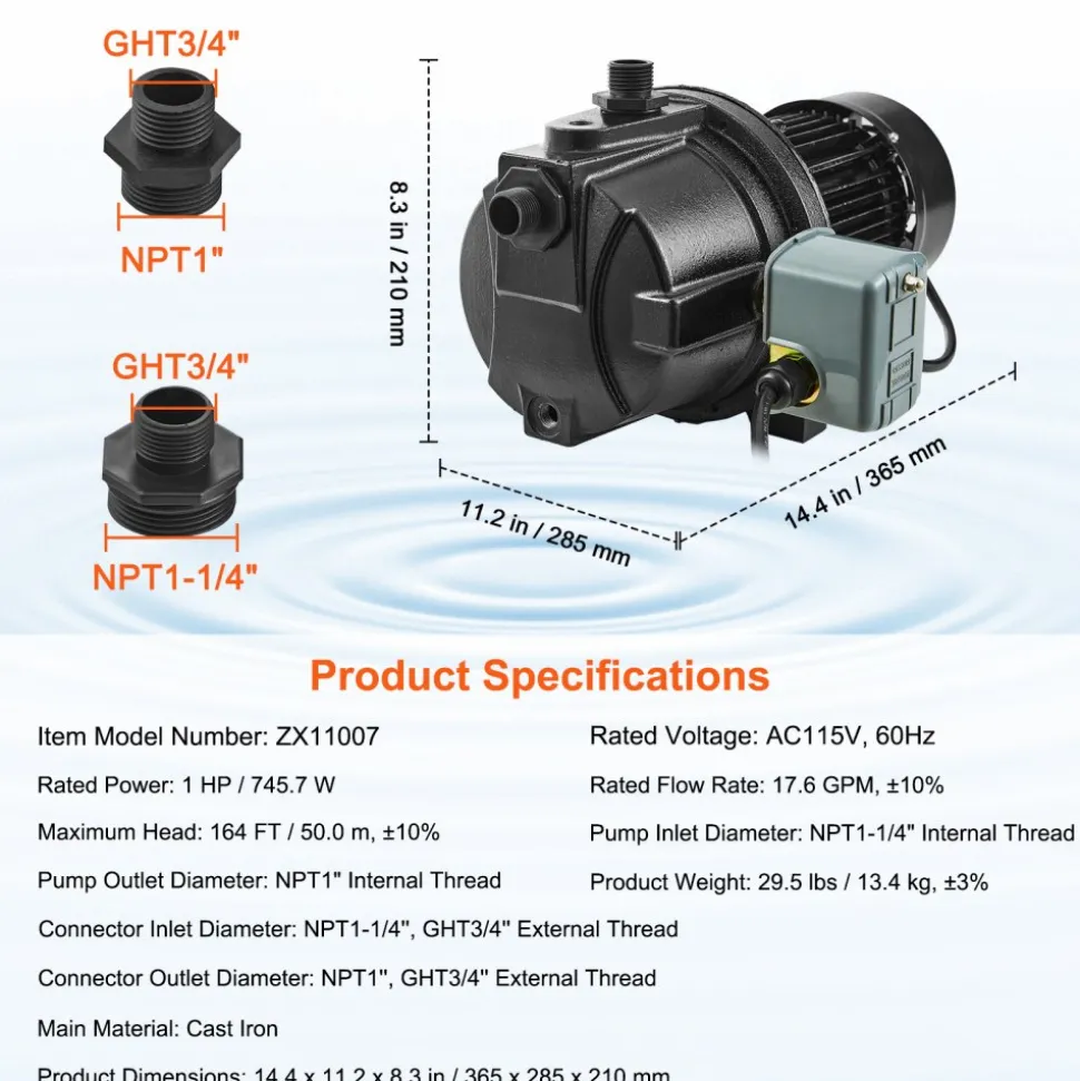 VEVOR 1HP Premium Cast Iron Shallow Well Jet Water Pump, 115 Volt, 17.6 GPM 164 FT Maximum Head Irrigation Water Pump, for Agricultural Garden Irrigation System High-Rise Water Supply Shower Booster