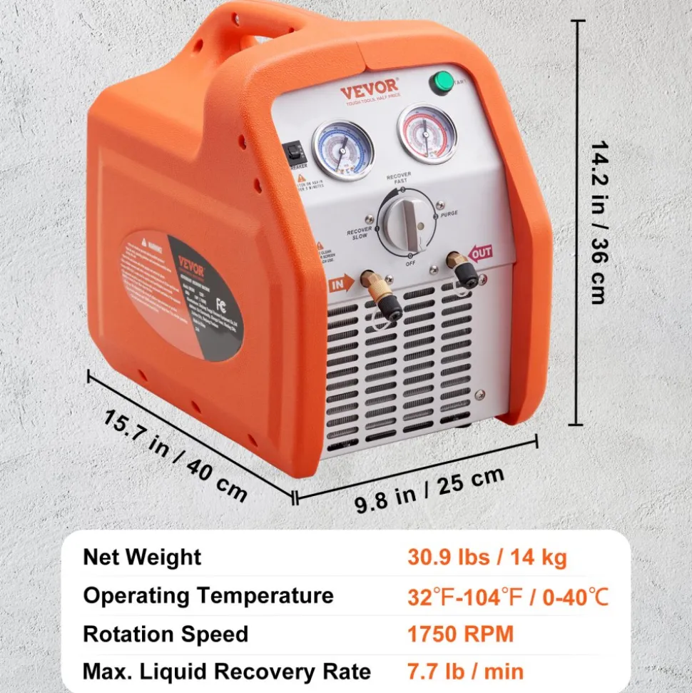 VEVOR 1 HP Refrigerant Recovery Machine - Dual Cylinder Portable AC Recovery Machine with High Pressure Protection 120V 60Hz Recovery Machine HVAC for Vapor Liquid Refrigerant, Car Air Conditioning