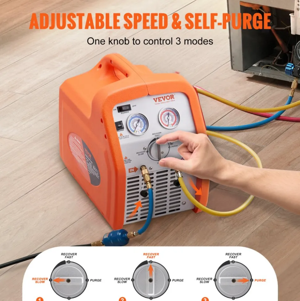 VEVOR 3/4 HP Refrigerant Recovery Machine - Portable AC Recovery Machine with High Pressure Protection, 120V 60Hz Refrigerant Recycle Machine HVAC for Car Air Conditioning, Vapor Liquid Refrigerant