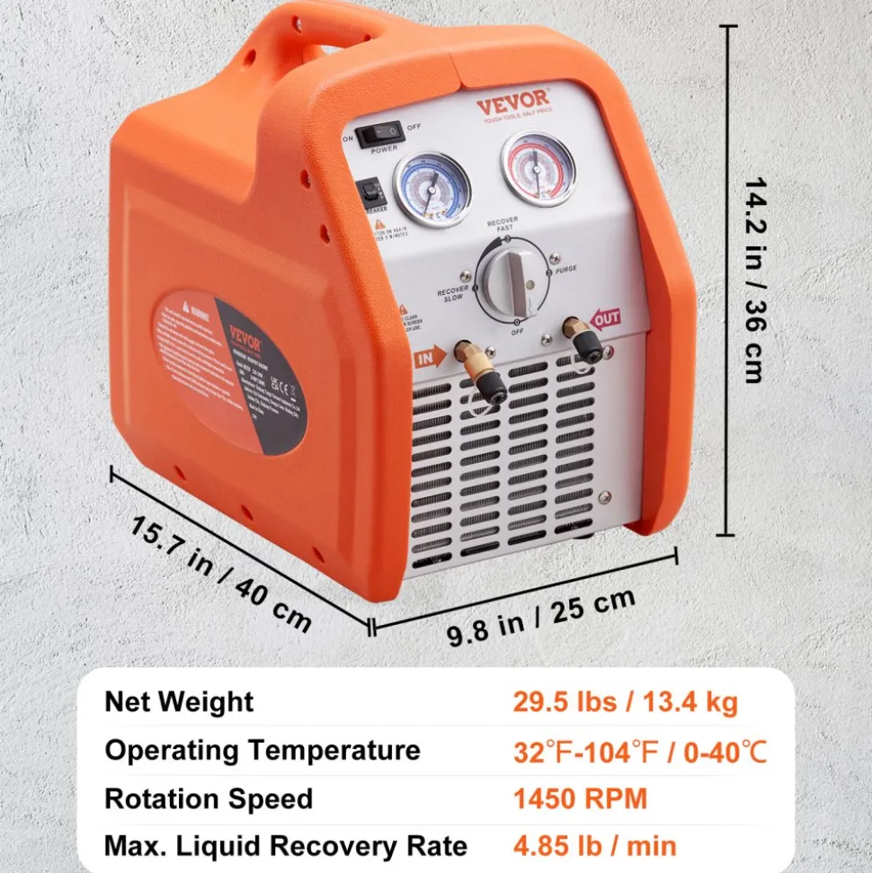 VEVOR 3/4 HP Refrigerant Recovery Machine - Portable AC Recovery Machine with High Pressure Protection, 120V 60Hz Refrigerant Recycle Machine HVAC for Car Air Conditioning, Vapor Liquid Refrigerant