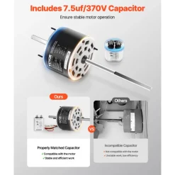 VEVOR 1/3HP RV Air Conditioner Motor with Capacitor, AC115V 3A, 1675 RPM, Replacement for Coleman Mach RV AC Fan Motor, Replaces Fasco D1092, 1468-306, 1468-3068, 1468-3069, 7184-0156, 7184-0432