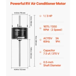 VEVOR 1/3HP RV Air Conditioner Motor with Capacitor, AC115V 3A, 1675 RPM, Replacement for Coleman Mach RV AC Fan Motor, Replaces Fasco D1092, 1468-306, 1468-3068, 1468-3069, 7184-0156, 7184-0432