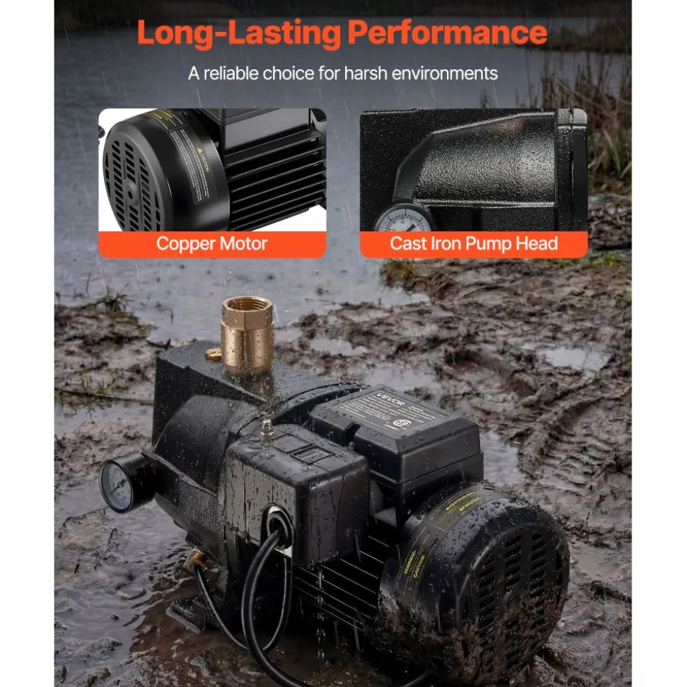 VEVOR 1/2 HP Shallow Well Jet Pump, AC 115/230 Volt, 790 GPH Dual Voltage Cast Iron Well Jet Pump, with 147 ft Max Head Lift, Automatic Pressure Switch, for Garden Irrigation Lawn Sprinkler System