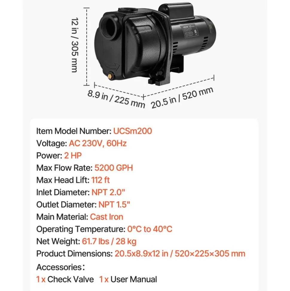 VEVOR 2 HP Shallow Well Jet Pump, 230 Volt, 5200 GPH Cast Iron Well Jet Pump, with 112 ft Max Head Lift, Check Valve, Thermal Protection, Automatic On/Off, for Garden Irrigation Lawn Sprinkler System