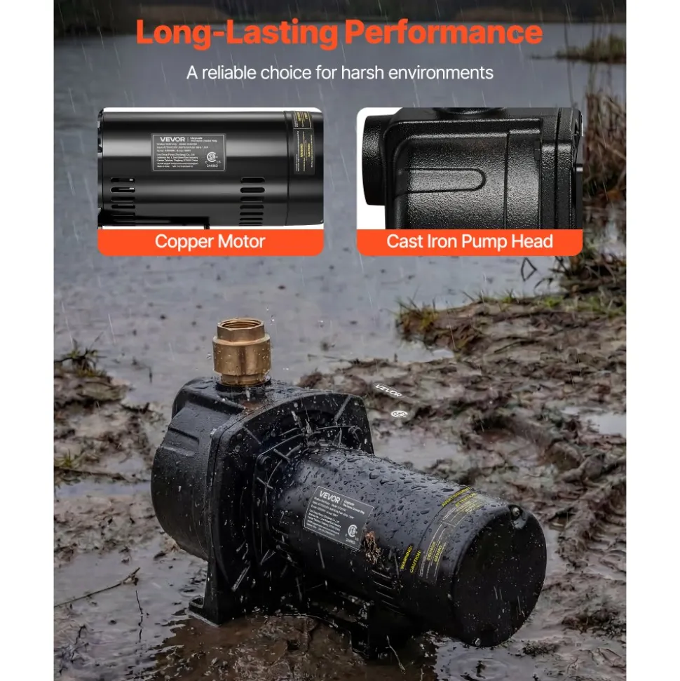 VEVOR 1.5 HP Shallow Well Jet Pump, AC 115/230 Volt, 4250 GPH Dual Voltage Cast Iron Well Jet Pump, with 108 ft Max Head Lift, Easy Voltage Switching, for Garden Irrigation, Lawn Sprinkler System