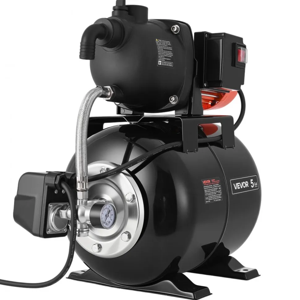 VEVOR 1.1 HP Shallow Well Pump with Pressure Tank, 120V 1320 GPH, Plastic Irrigation Jet Pump with 5-Gal Tank, Automatic Water Booster Transfer System, 20/40 PSI Pressure Switch, for Home Garden Lawn