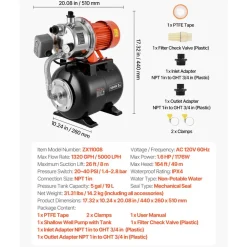 VEVOR 1.6 HP Shallow Well Pump with Pressure Tank, 120V 1320 GPH, Stainless Steel Irrigation Jet Pump with 5-Gal Tank, Automatic Water Booster System, 20/40 PSI Pressure Switch, for Home Garden Lawn