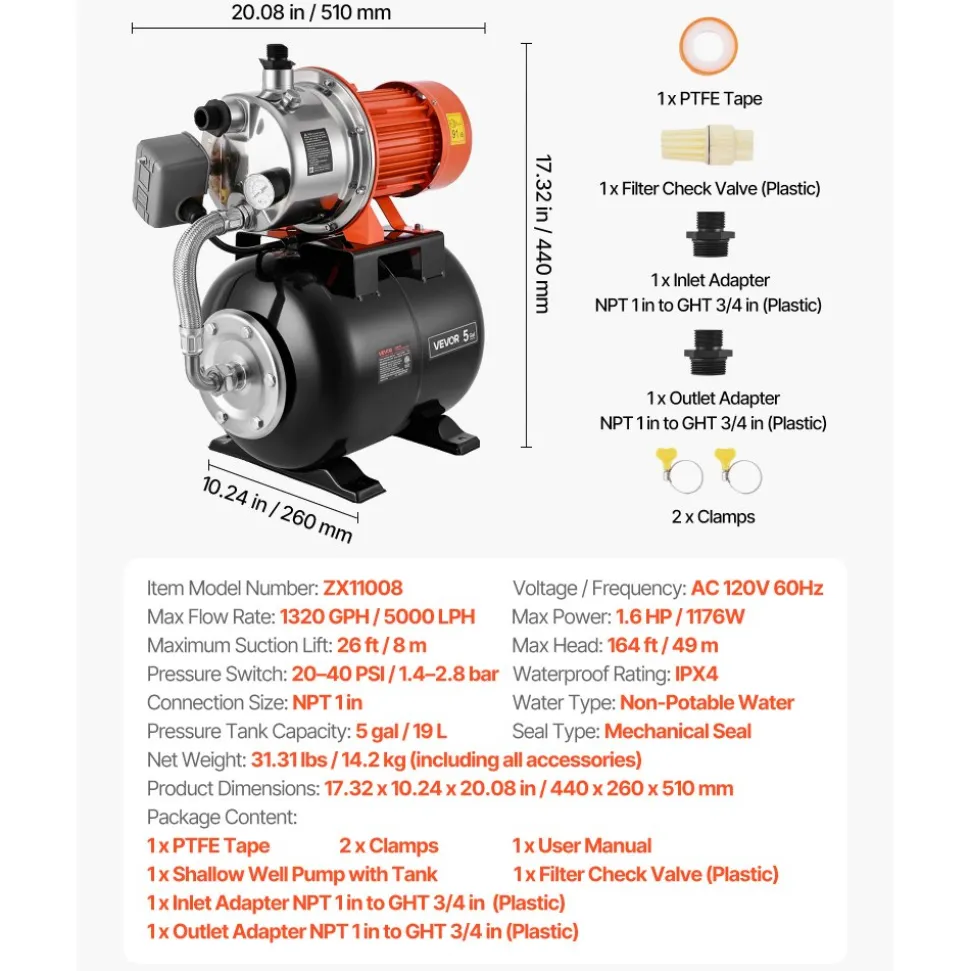 VEVOR 1.6 HP Shallow Well Pump with Pressure Tank, 120V 1320 GPH, Stainless Steel Irrigation Jet Pump with 5-Gal Tank, Automatic Water Booster System, 20/40 PSI Pressure Switch, for Home Garden Lawn