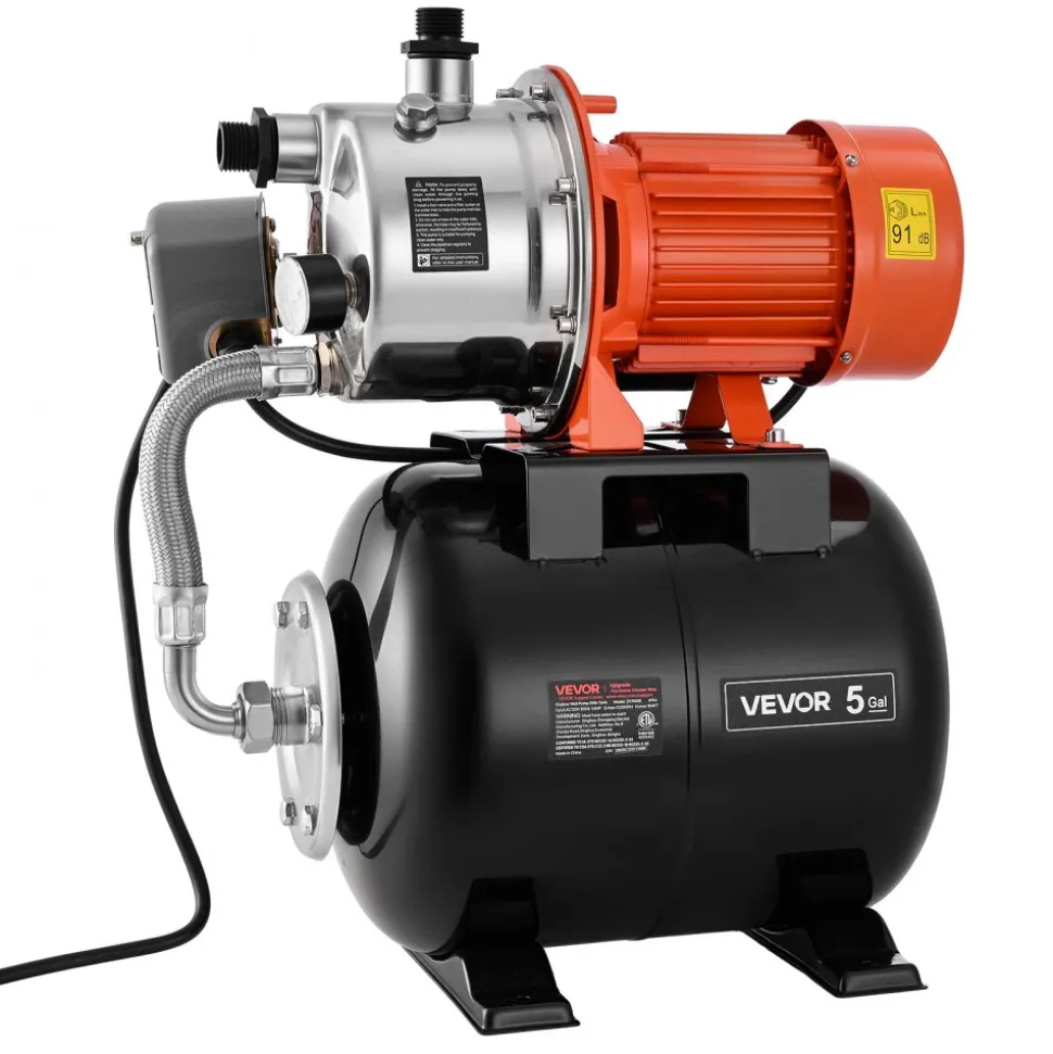 VEVOR 1.6 HP Shallow Well Pump with Pressure Tank, 120V 1320 GPH, Stainless Steel Irrigation Jet Pump with 5-Gal Tank, Automatic Water Booster System, 20/40 PSI Pressure Switch, for Home Garden Lawn