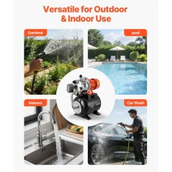 VEVOR 1.6 HP Shallow Well Pump with Pressure Tank, 120V 1320 GPH, Stainless Steel Irrigation Jet Pump with 5-Gal Tank, Automatic Water Booster System, 20/40 PSI Pressure Switch, for Home Garden Lawn