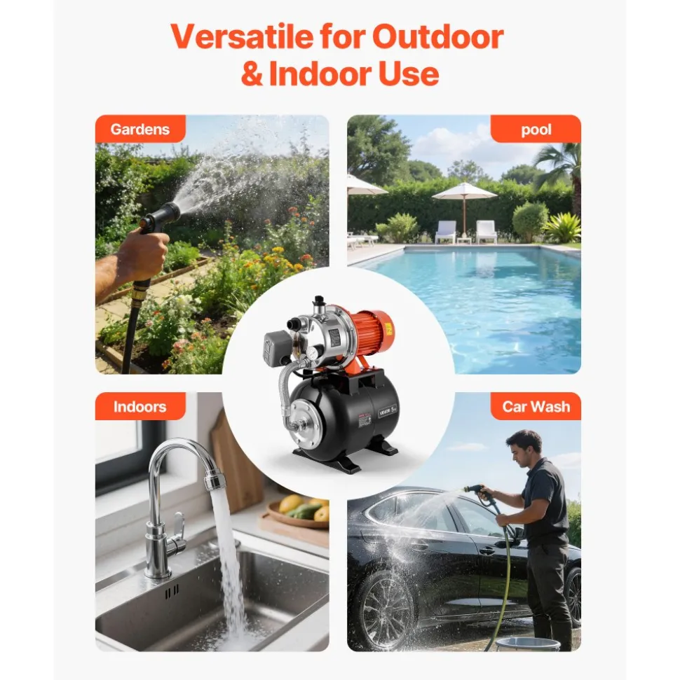 VEVOR 1.6 HP Shallow Well Pump with Pressure Tank, 120V 1320 GPH, Stainless Steel Irrigation Jet Pump with 5-Gal Tank, Automatic Water Booster System, 20/40 PSI Pressure Switch, for Home Garden Lawn