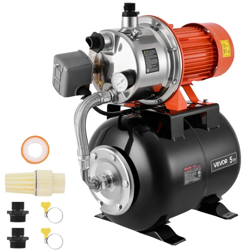 VEVOR 1.6 HP Shallow Well Pump with Pressure Tank, 120V 1320 GPH, Stainless Steel Irrigation Jet Pump with 5-Gal Tank, Automatic Water Booster System, 20/40 PSI Pressure Switch, for Home Garden Lawn