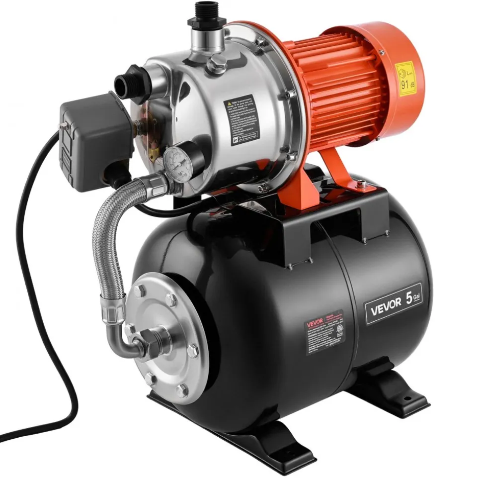 VEVOR 1.6 HP Shallow Well Pump with Pressure Tank, 120V 1320 GPH, Stainless Steel Irrigation Jet Pump with 5-Gal Tank, Automatic Water Booster System, 20/40 PSI Pressure Switch, for Home Garden Lawn