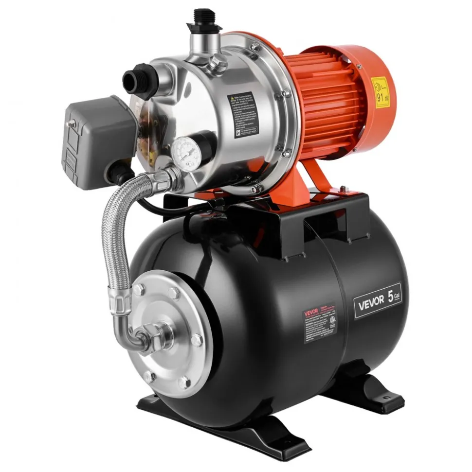 VEVOR 1.6 HP Shallow Well Pump with Pressure Tank, 120V 1320 GPH, Stainless Steel Irrigation Jet Pump with 5-Gal Tank, Automatic Water Booster System, 20/40 PSI Pressure Switch, for Home Garden Lawn