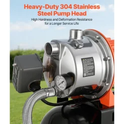 VEVOR 1.6 HP Shallow Well Pump with Pressure Tank, 120V 1320 GPH, Stainless Steel Irrigation Jet Pump with 5-Gal Tank, Automatic Water Booster System, 20/40 PSI Pressure Switch, for Home Garden Lawn