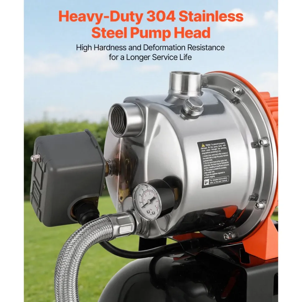 VEVOR 1.6 HP Shallow Well Pump with Pressure Tank, 120V 1320 GPH, Stainless Steel Irrigation Jet Pump with 5-Gal Tank, Automatic Water Booster System, 20/40 PSI Pressure Switch, for Home Garden Lawn