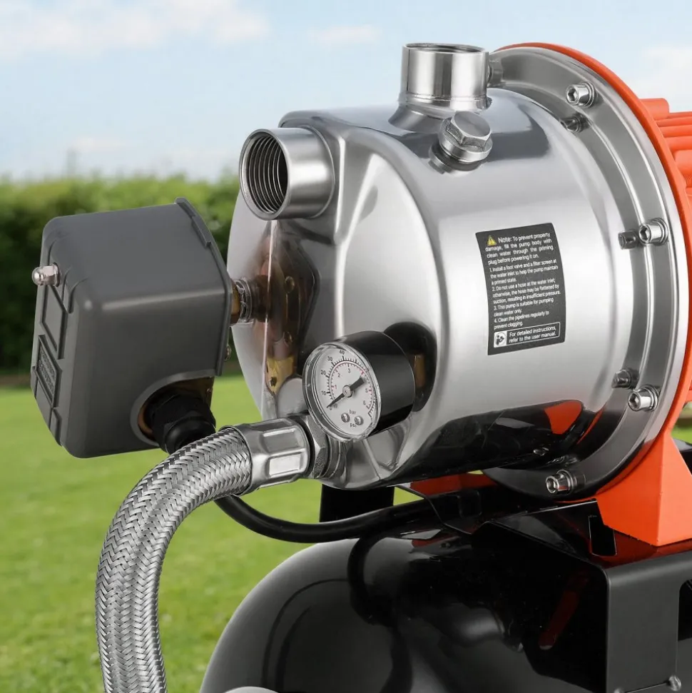 VEVOR 1.6 HP Shallow Well Pump with Pressure Tank, 120V 1320 GPH, Stainless Steel Irrigation Jet Pump with 5-Gal Tank, Automatic Water Booster System, 20/40 PSI Pressure Switch, for Home Garden Lawn