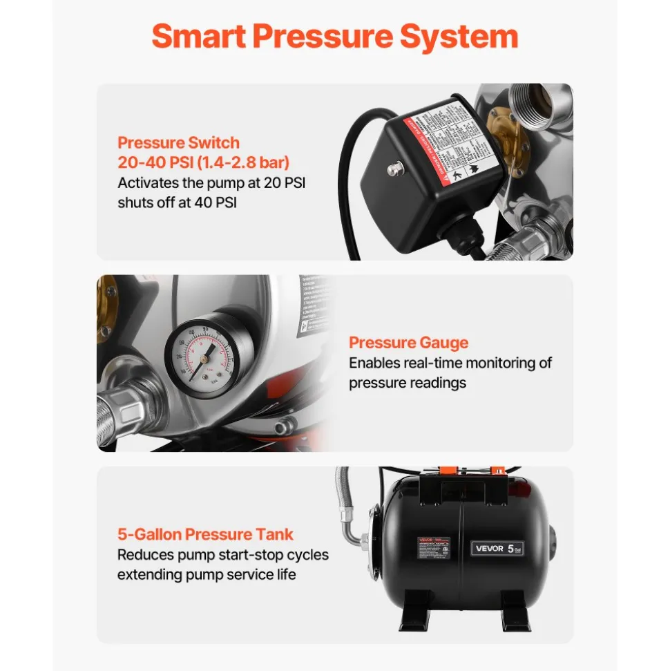 VEVOR 1.6 HP Shallow Well Pump with Pressure Tank, 120V 1320 GPH, Stainless Steel Irrigation Jet Pump with 5-Gal Pressure Tank, Automatic Water Booster System, for Home Garden Lawn, Potable Water