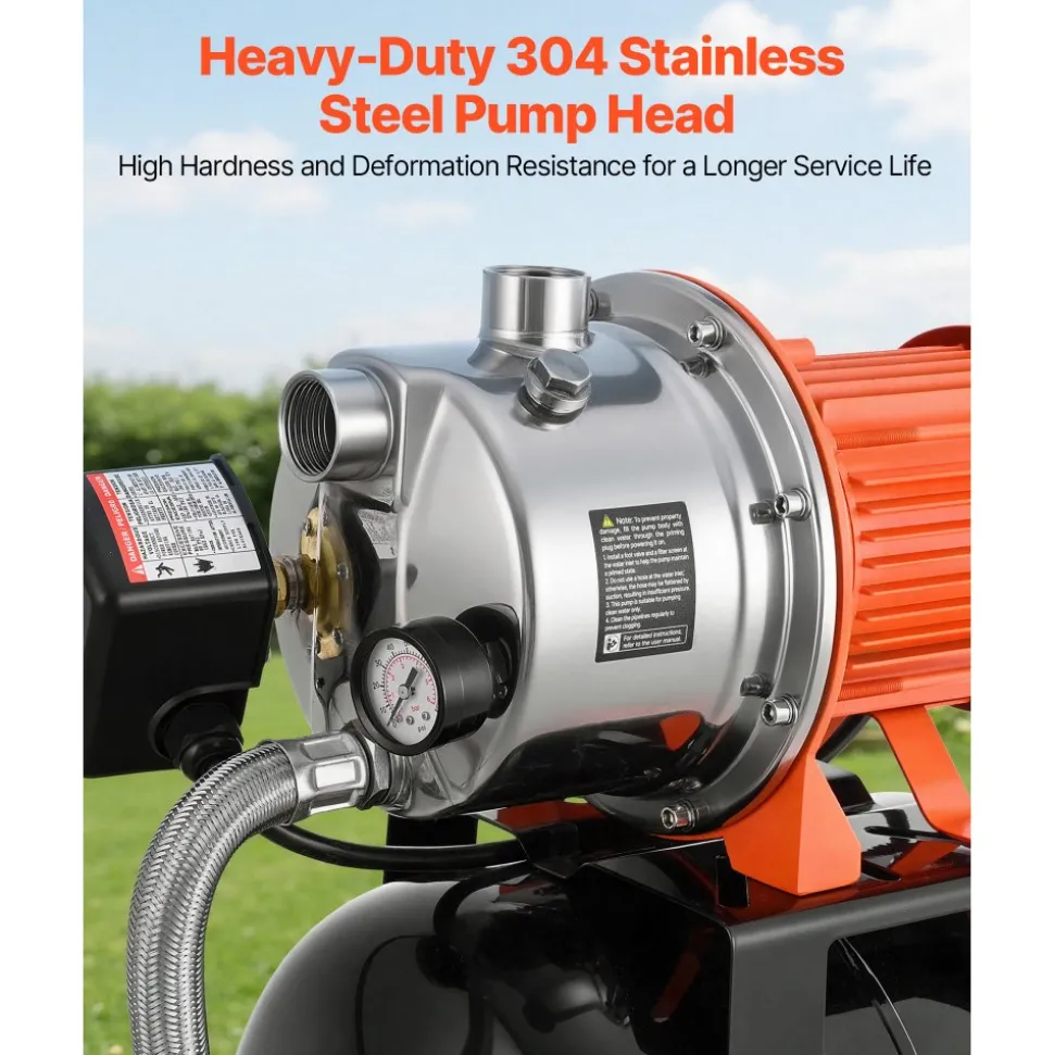 VEVOR 1.6 HP Shallow Well Pump with Pressure Tank, 120V 1320 GPH, Stainless Steel Irrigation Jet Pump with 5-Gal Pressure Tank, Automatic Water Booster System, for Home Garden Lawn, Potable Water