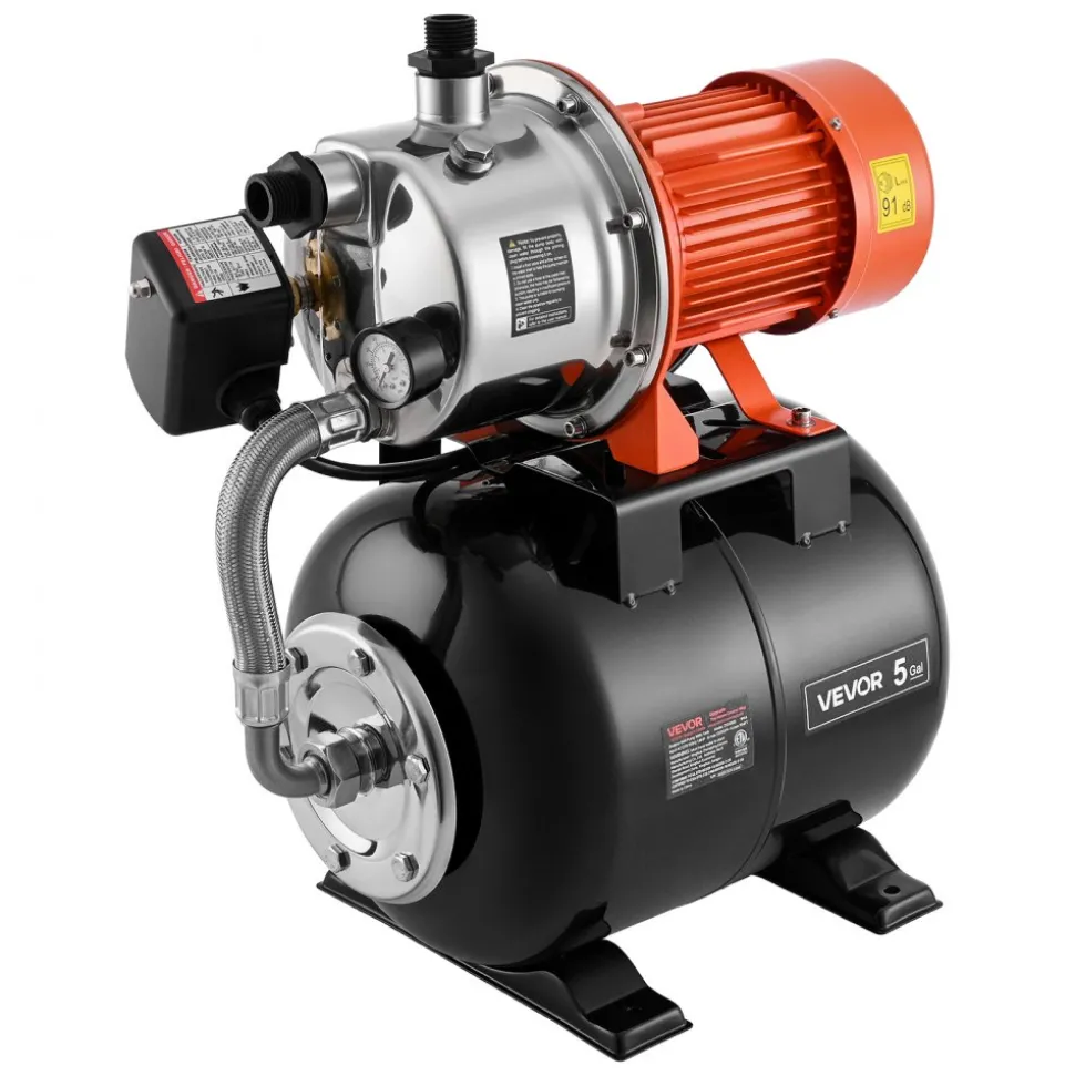 VEVOR 1.6 HP Shallow Well Pump with Pressure Tank, 120V 1320 GPH, Stainless Steel Irrigation Jet Pump with 5-Gal Pressure Tank, Automatic Water Booster System, for Home Garden Lawn, Potable Water
