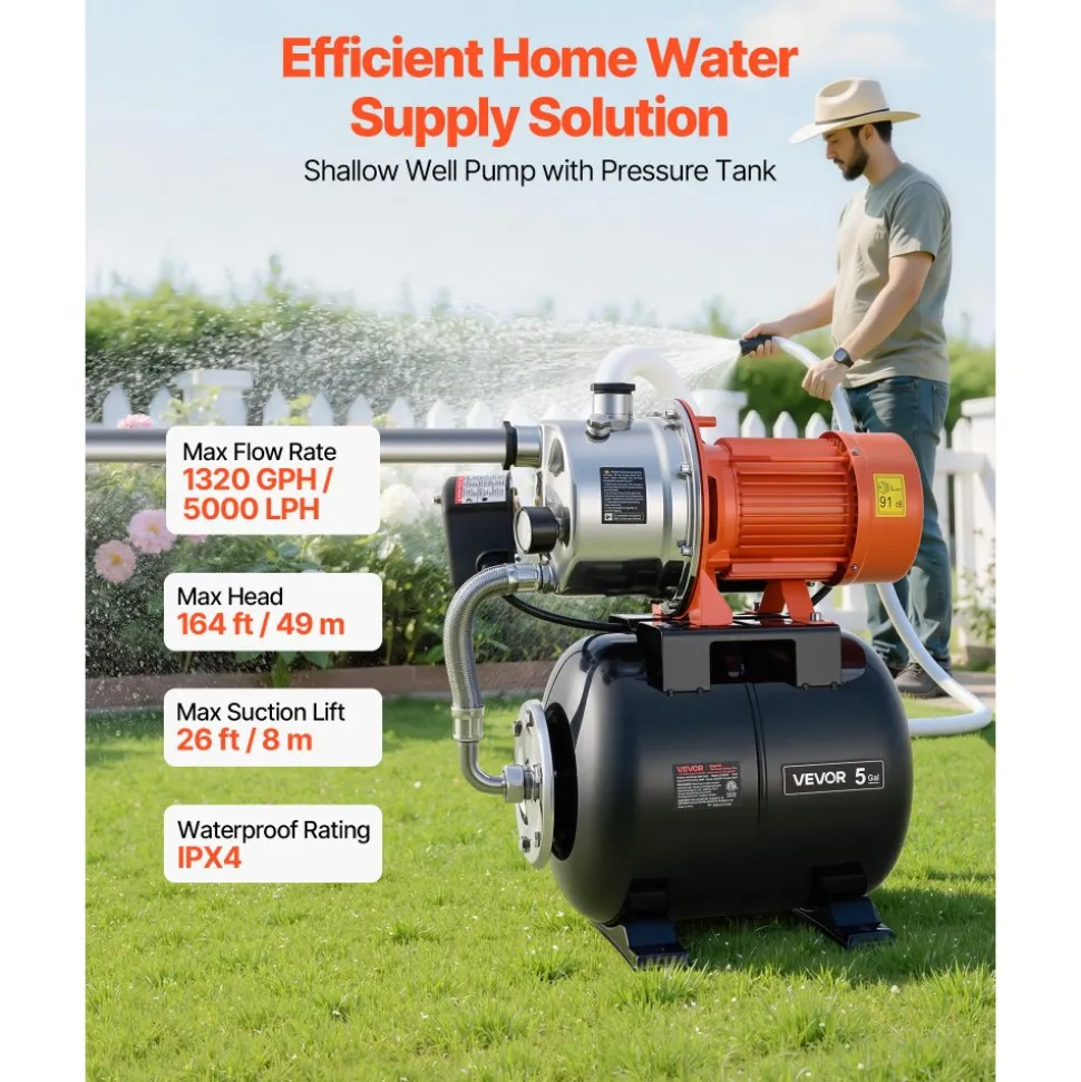 VEVOR 1.6 HP Shallow Well Pump with Pressure Tank, 120V 1320 GPH, Stainless Steel Irrigation Jet Pump with 5-Gal Pressure Tank, Automatic Water Booster System, for Home Garden Lawn, Potable Water