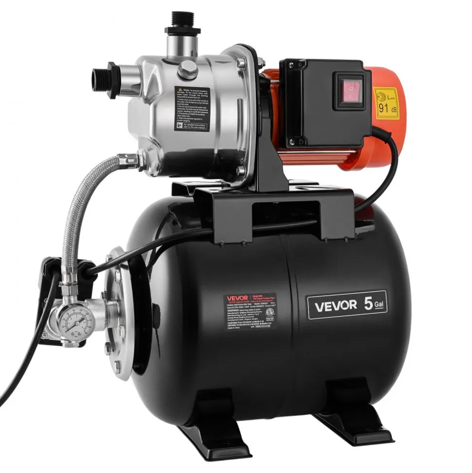 VEVOR 1 HP Shallow Well Pump with Pressure Tank, 120V 1000 GPH, Stainless Steel Irrigation Jet Pump with 5-Gal Tank, Automatic Water Booster System, 20/40 PSI Pressure Switch, for Home Garden Lawn