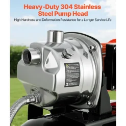 VEVOR 1 HP Shallow Well Pump with Pressure Tank, 120V 1000 GPH, Stainless Steel Irrigation Jet Pump with 5-Gal Tank, Automatic Water Booster System, 20/40 PSI Pressure Switch, for Home Garden Lawn