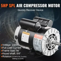 VEVOR 5HP SPL Air Compressor Electric Motor, 230V 17.6Amps, 56 Frame 3450RPM, 5/8