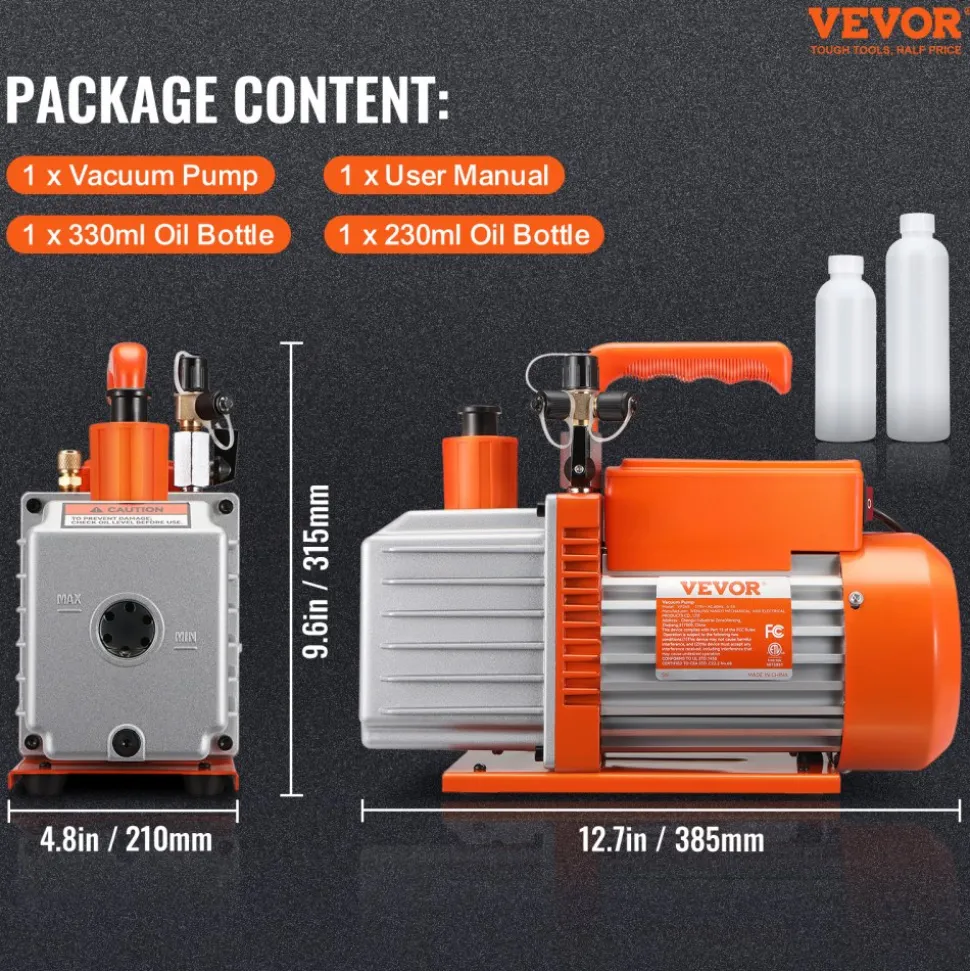 VEVOR 1/2 HP 2 Stage Rotary Vane Vacuum Pump, 5 CFM, 115V Air Conditioning Vacuum Pump, 1/4" SAE Male 3/8" SAE Male 1/2" ACME Male Inlet, for HVAC Repair, Refrigeration Maintenance, Resin Degassing