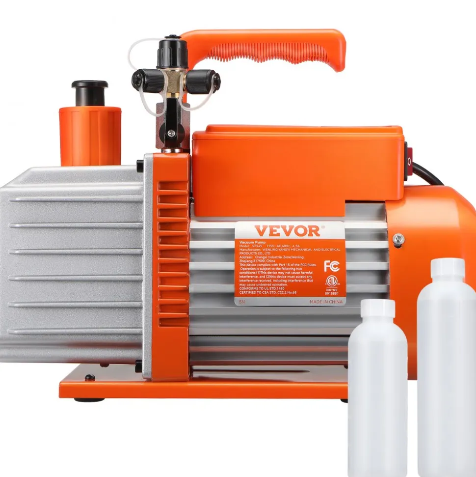 VEVOR 1/2 HP 2 Stage Rotary Vane Vacuum Pump, 5 CFM, 115V Air Conditioning Vacuum Pump, 1/4" SAE Male 3/8" SAE Male 1/2" ACME Male Inlet, for HVAC Repair, Refrigeration Maintenance, Resin Degassing