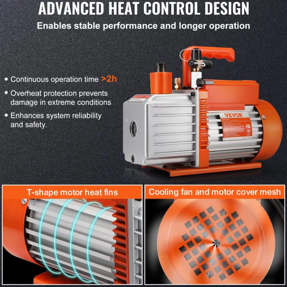 VEVOR 1/2 HP 2 Stage Rotary Vane Vacuum Pump, 5 CFM, 115V Air Conditioning Vacuum Pump, 1/4" SAE Male 3/8" SAE Male 1/2" ACME Male Inlet, for HVAC Repair, Refrigeration Maintenance, Resin Degassing