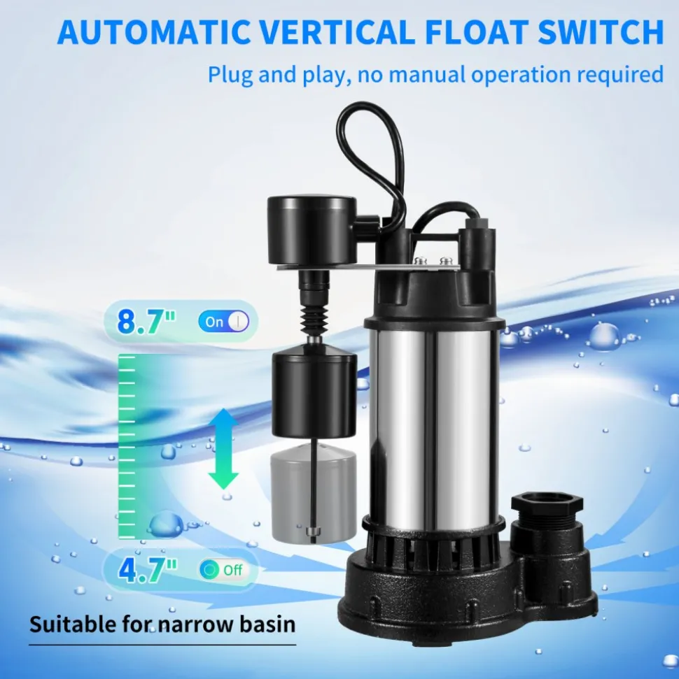VEVOR 1.5 HP Submersible Cast Iron and Steel Sump Pump, 6000 GPH Submersible Water Pump with Integrated Vertical Float Switch, for Basement Water Basin and Flooding Area Tested to UL Standards