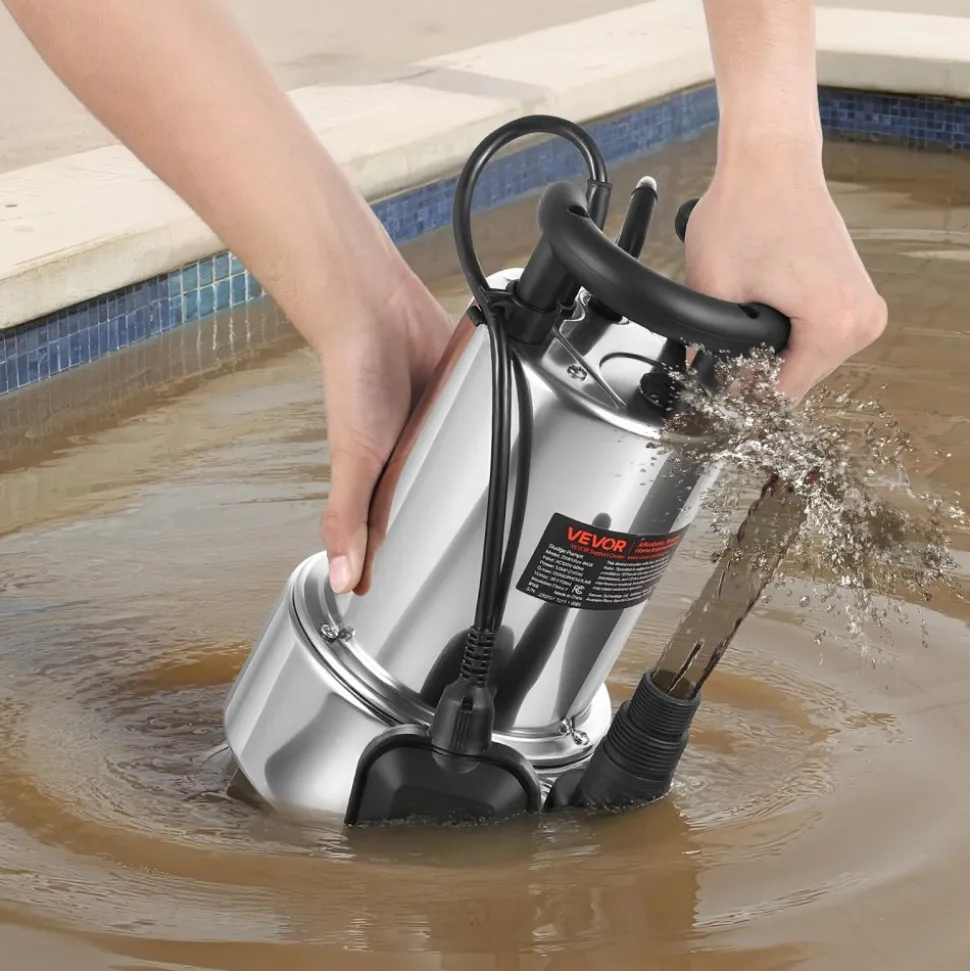 VEVOR 1 HP Submersible Sump Pump, 5500 GPH, Stainless Steel Submersible Sewage Dirty Clean Water Pump with Automatic Float Switch, Long Cord, 30 ft Max Lift, for Pools, Garden, Pond, Flooded Areas