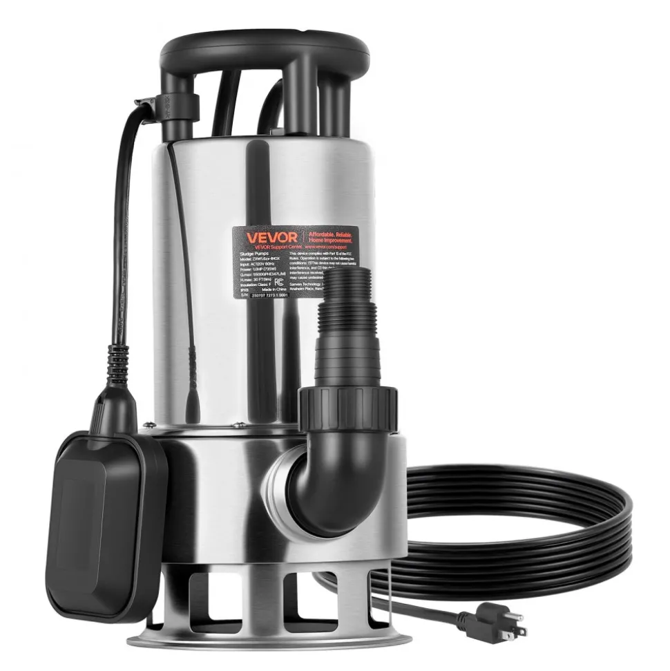 VEVOR 1 HP Submersible Sump Pump, 5500 GPH, Stainless Steel Submersible Sewage Dirty Clean Water Pump with Automatic Float Switch, Long Cord, 30 ft Max Lift, for Pools, Garden, Pond, Flooded Areas