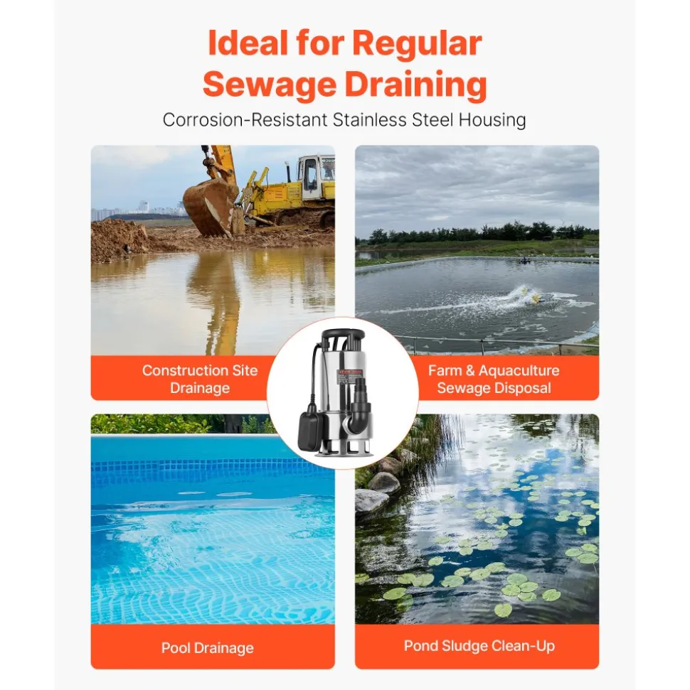 VEVOR 1 HP Submersible Sump Pump, 5500 GPH, Stainless Steel Submersible Sewage Dirty Clean Water Pump with Automatic Float Switch, Long Cord, 30 ft Max Lift, for Pools, Garden, Pond, Flooded Areas