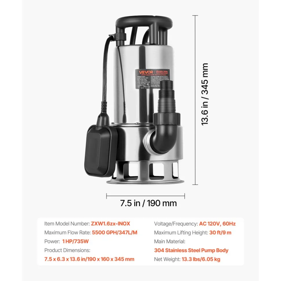 VEVOR 1 HP Submersible Sump Pump, 5500 GPH, Stainless Steel Submersible Sewage Dirty Clean Water Pump with Automatic Float Switch, Long Cord, 30 ft Max Lift, for Pools, Garden, Pond, Flooded Areas