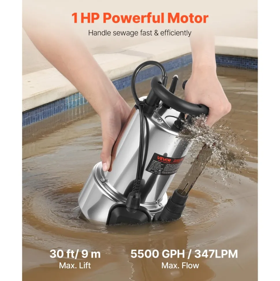 VEVOR 1 HP Submersible Sump Pump, 5500 GPH, Stainless Steel Submersible Sewage Dirty Clean Water Pump with Automatic Float Switch, Long Cord, 30 ft Max Lift, for Pools, Garden, Pond, Flooded Areas