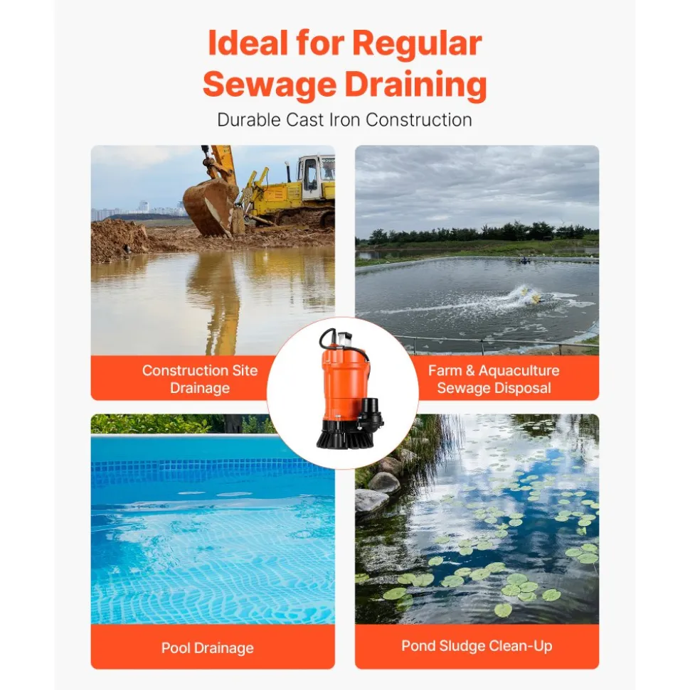 VEVOR 1/2 HP Submersible Trash Pump, 2000 GPH, 120V Cast Iron Submersible Sump Sewage Pump with 2 in Discharge, 39 ft Max Lift, Drain Dirty Clean Water, for Pools, Garden, Pond, Basement, Flooded Area