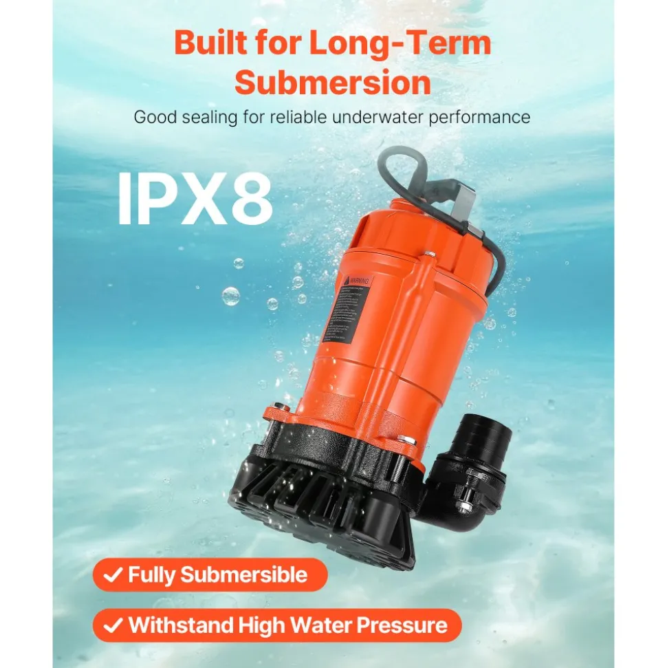 VEVOR 1/2 HP Submersible Trash Pump, 2000 GPH, 120V Cast Iron Submersible Sump Sewage Pump with 2 in Discharge, 39 ft Max Lift, Drain Dirty Clean Water, for Pools, Garden, Pond, Basement, Flooded Area