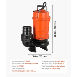VEVOR 1 HP Submersible Trash Pump, 5000 GPH, 120V Cast Iron Submersible Sump Sewage Pump with 3 in Discharge, 40 ft Max Lift, Drain Dirty Clean Water, for Pools, Garden, Pond, Basement, Flooded Areas