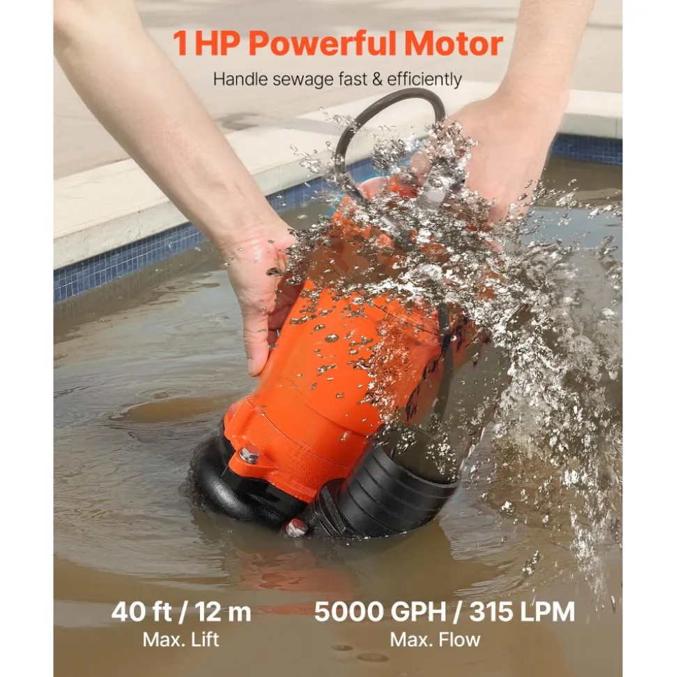 VEVOR 1 HP Submersible Trash Pump, 5000 GPH, 120V Cast Iron Submersible Sump Sewage Pump with 3 in Discharge, 40 ft Max Lift, Drain Dirty Clean Water, for Pools, Garden, Pond, Basement, Flooded Areas